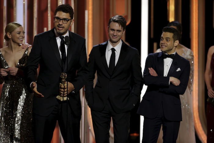The Mr. Robot team delivering their winning speech after unexpectedly winning the Best Drama Series award.
